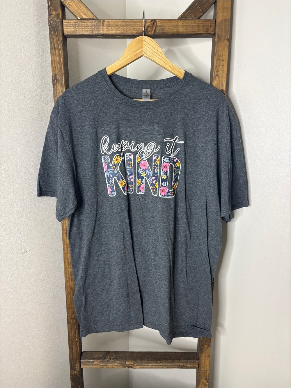 Gildan Dark Gray "Keeping It Kind" Floral Letter Tee Size XL